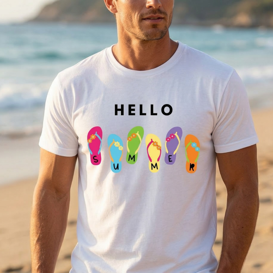 Hello Summer Graphic T-Shirt – Unisex Beach Flip-Flop Tee