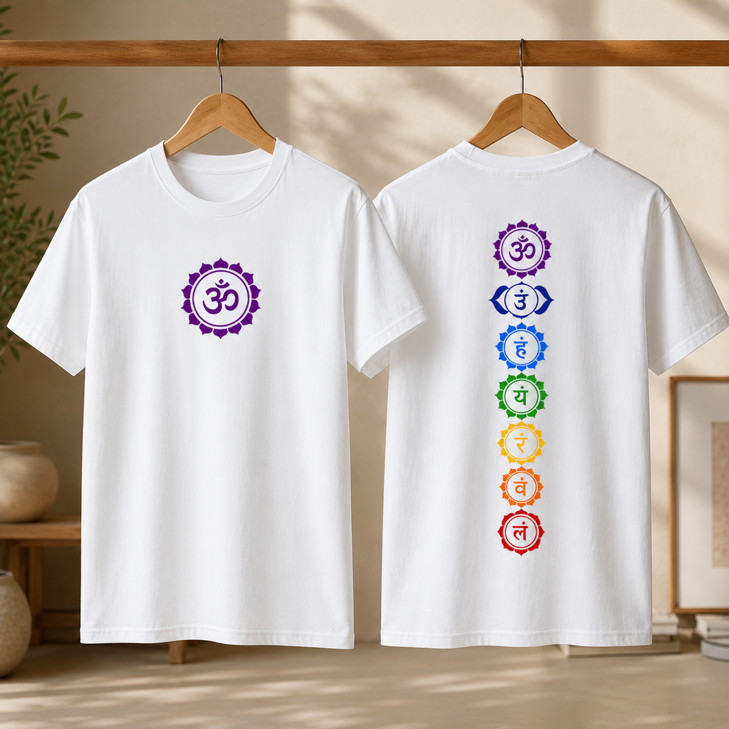 7 Chakra OM White T-Shirt | Premium Cotton Spiritual Meditation Tee | Regular Fit | Unisex