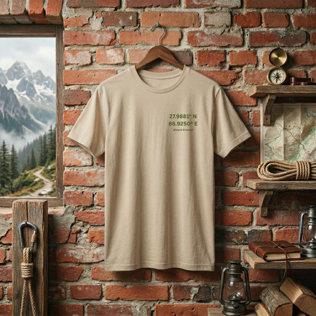 TeeHaus Everest Coordinates T-Shirt – Minimal Mountain Adventure Tee