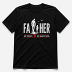 Black t-shirt with a graphic of a father and child walking and text on a white background