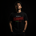 Black regular fit t-shirt featuring My Mind is Classified graphic with distressed red classified stamp