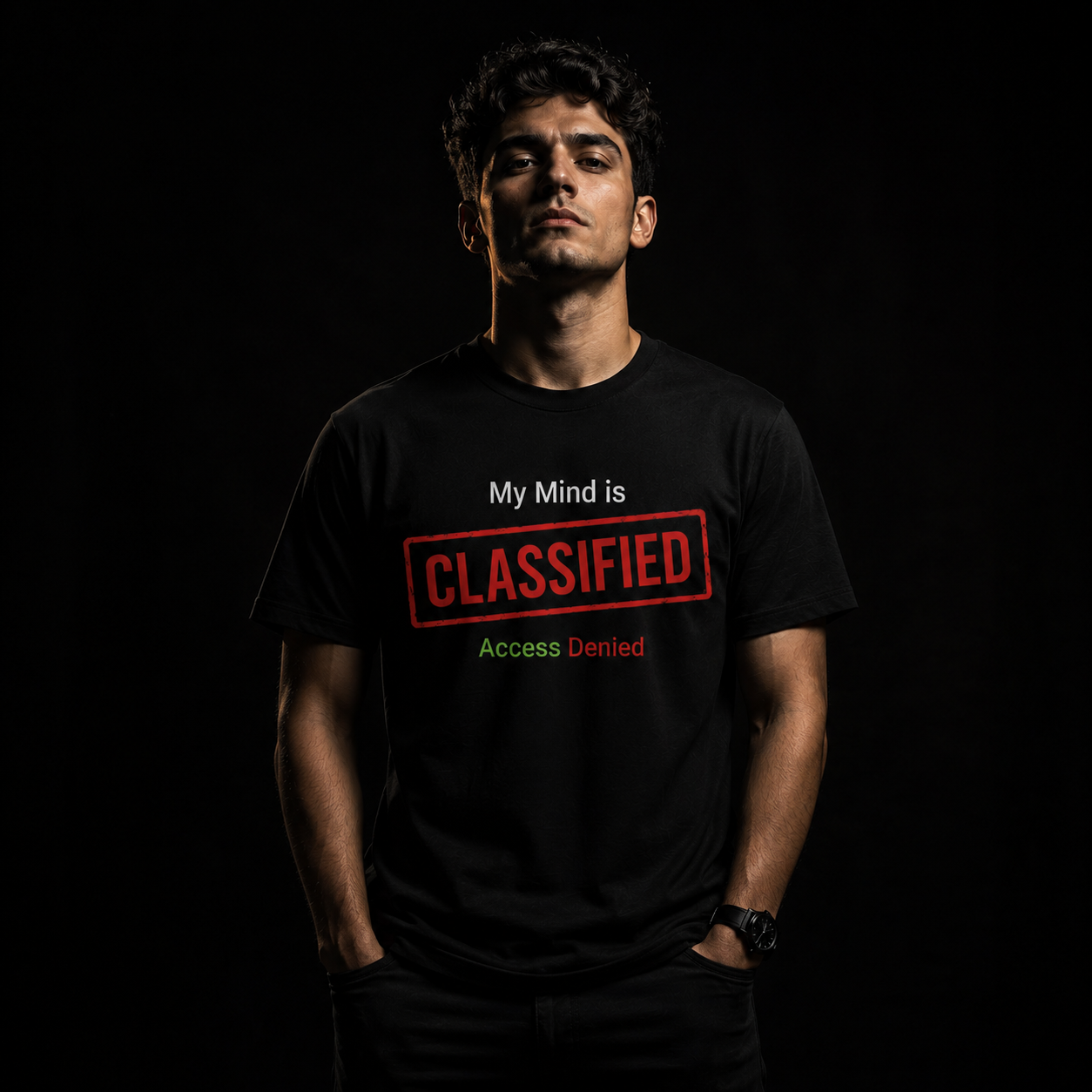 Black regular fit t-shirt featuring My Mind is Classified graphic with distressed red classified stamp