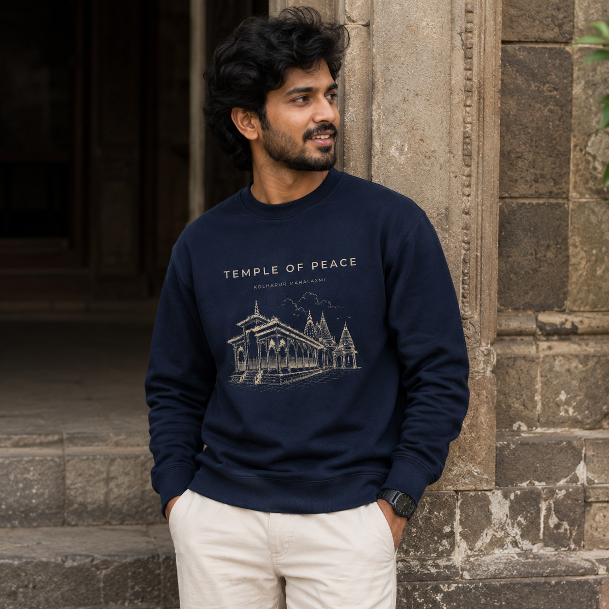 Temple of Peace – Kolhapur Mahalaxmi Premium 320 GSM Sweatshirt | Cream