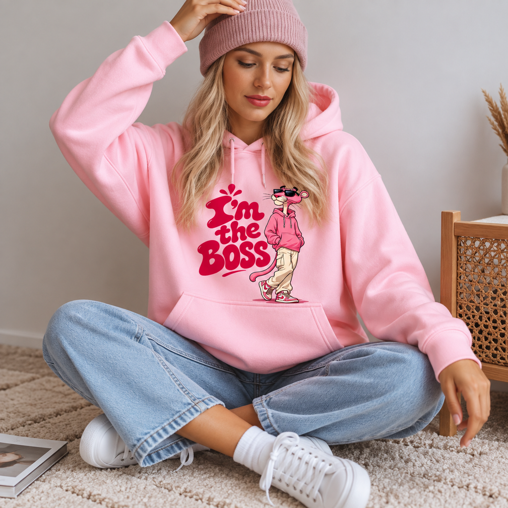 A woman sitting cross-legged on a beige carpet wearing a pink hoodie with a graphic of the Pink Panther and the text 'I'm the Boss'. She is also wearing a pink beanie, light blue jeans, and white sneakers.