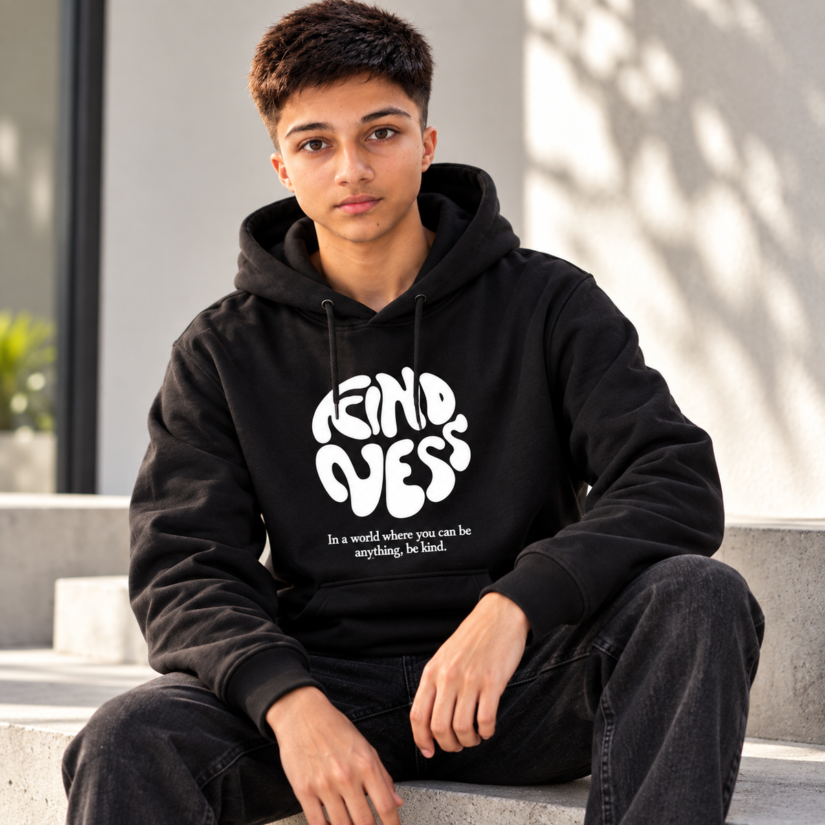 A young man sitting on concrete steps wearing a black hoodie with a white graphic that reads 'FIND OVERSS' and smaller text underneath, photographed outdoors against a light gray wall.