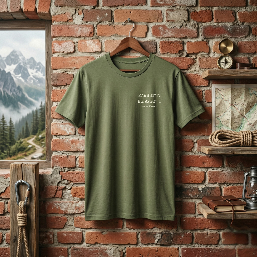 TeeHaus Everest Coordinates T-Shirt – Minimal Mountain Adventure Tee