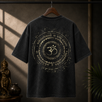 A black washed t-shirt hanging on a wooden hanger against a dark, atmospheric background with warm sunlight and shadows. The back of the shirt features a large distressed gold graphic with a central Om symbol and Sanskrit text.