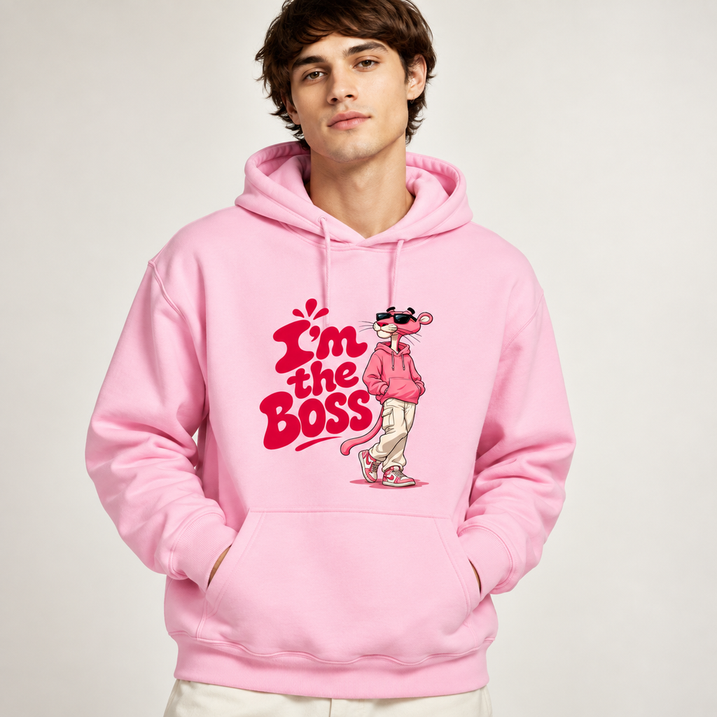 A man wearing a light pink pullover hoodie with a graphic print on the front. The graphic features the text 'I'm the BOSS' in red and pink bubble letters next to an illustration of the Pink Panther character wearing sunglasses.