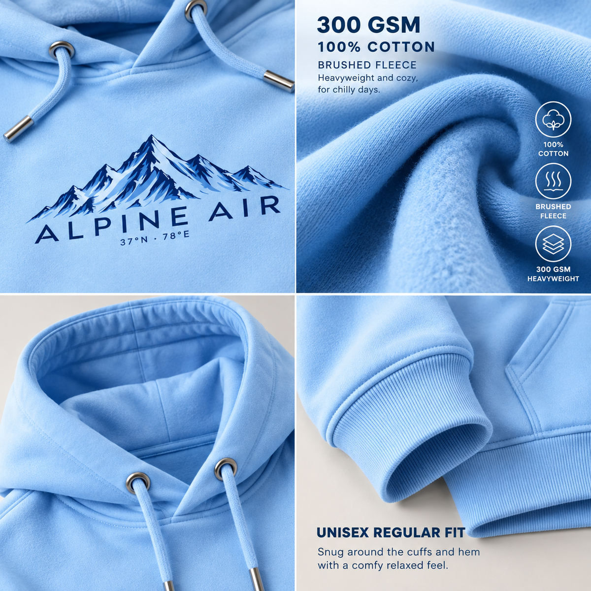 ALPINE AIR Sky Blue Cotton Hoodie