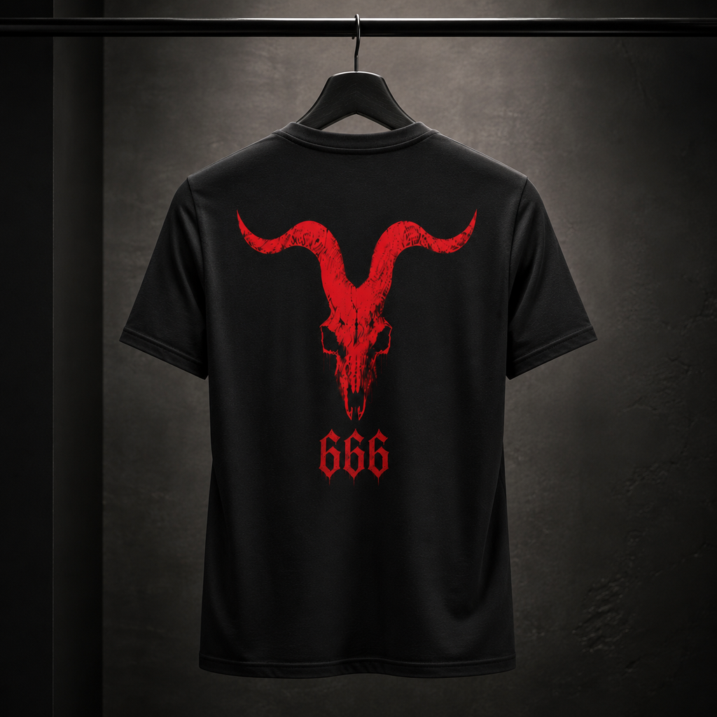 A black short-sleeve t-shirt hanging on a black hanger against a dark textured wall. The back of the shirt features a large red distressed bull skull graphic with the number '666' printed below it.