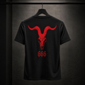 A black short-sleeve t-shirt hanging on a black hanger against a dark textured wall. The back of the shirt features a large red distressed bull skull graphic with the number '666' printed below it.