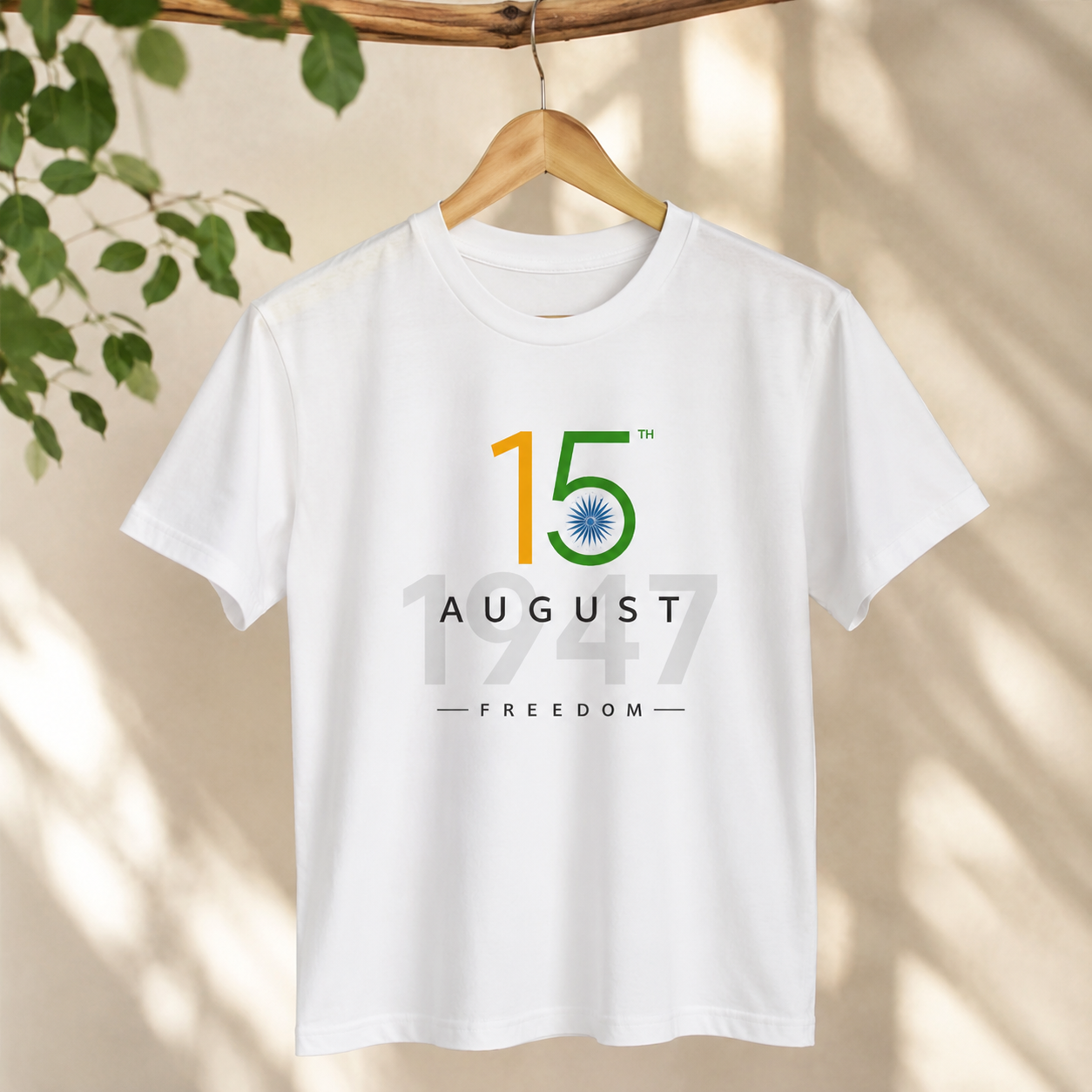 White t-shirt with '15 August 1947 Freedom' design on a hanger against a beige wall with green leaves.