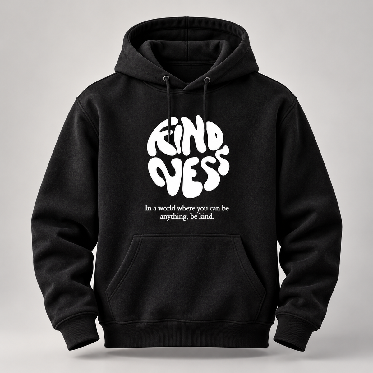A black pullover hoodie with a white graphic on the chest that reads 'KINDNESS' in a bubbly font, with the subtitle 'In a world where you can be anything, be kind.' below it, shown against a neutral gray background.
