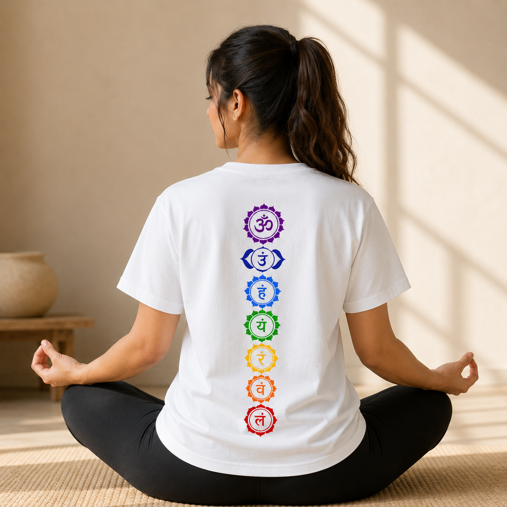 7 Chakra OM White T-Shirt | Premium Cotton Spiritual Meditation Tee | Regular Fit | Unisex