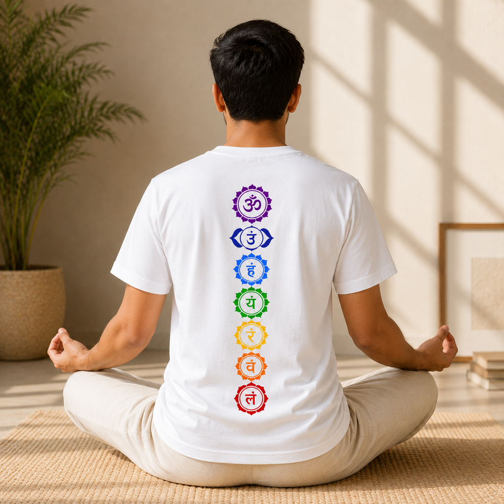 7 Chakra OM White T-Shirt | Premium Cotton Spiritual Meditation Tee | Regular Fit | Unisex