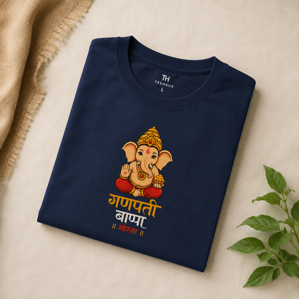 Ganpati Bappa Morya T-Shirt | Navy Blue Premium Cotton Tee | Festive Wear for Men & Women