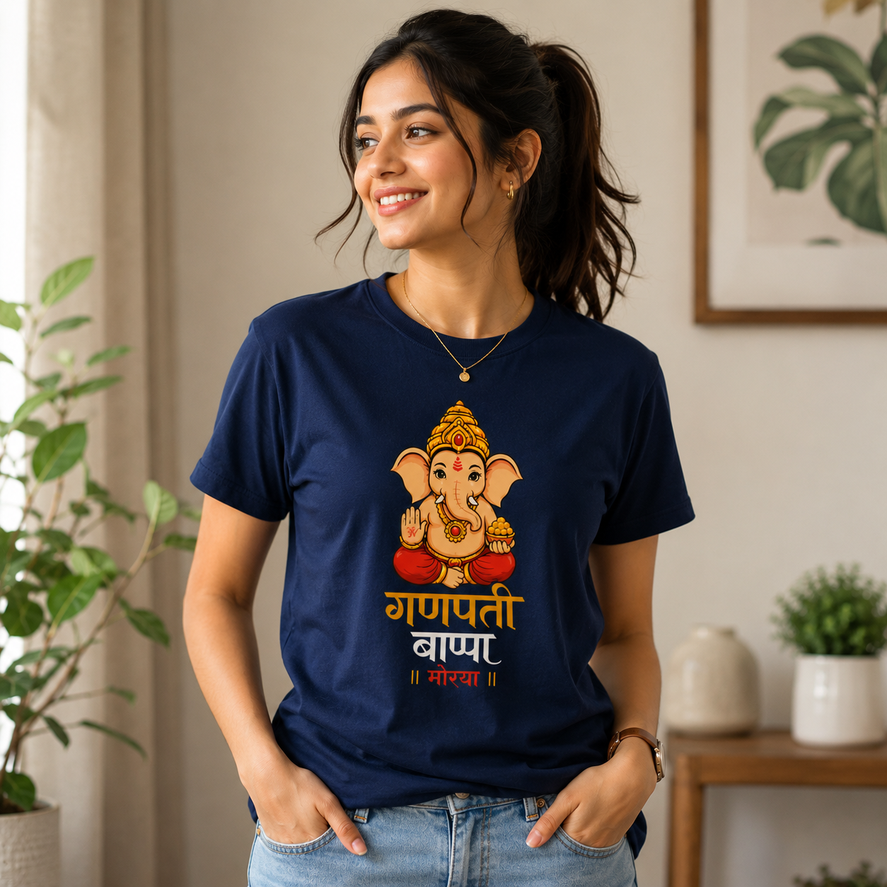 Ganpati Bappa Morya T-Shirt | Navy Blue Premium Cotton Tee | Festive Wear for Men & Women