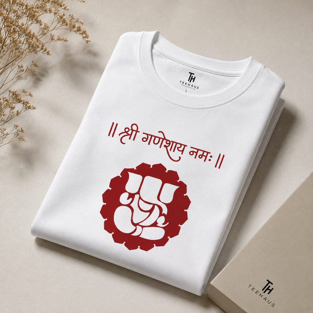 Shree Ganeshay Namah Premium White T-Shirt | Minimal Ganesh Graphic | 100% Cotton Unisex