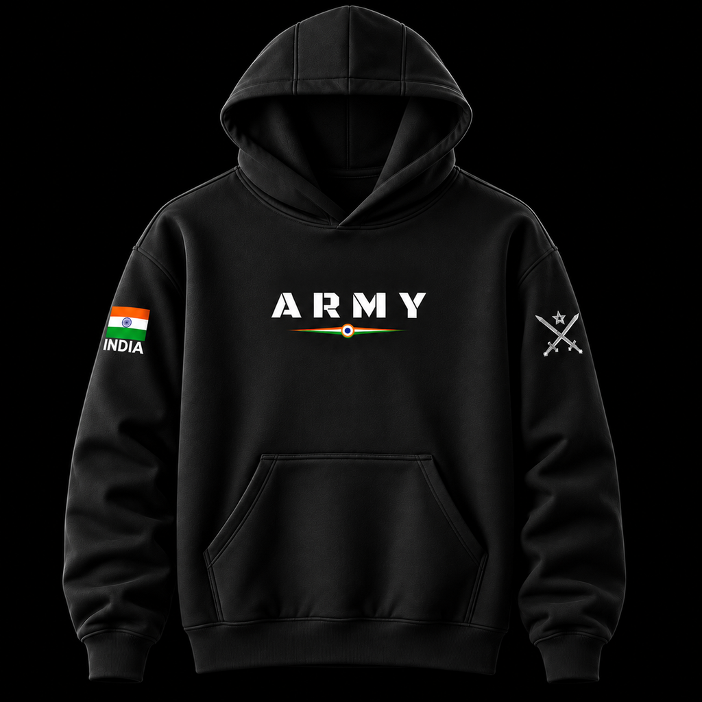 Black Army pullover hoodie front view with white ARMY chest print, Indian flag patch and crossed-swords sleeve graphic.