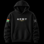 Black Army pullover hoodie front view with white ARMY chest print, Indian flag patch and crossed-swords sleeve graphic.