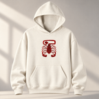 Off-white Scorpio pullover hoodie front view with burgundy scorpion graphic, hood and kangaroo pocket.