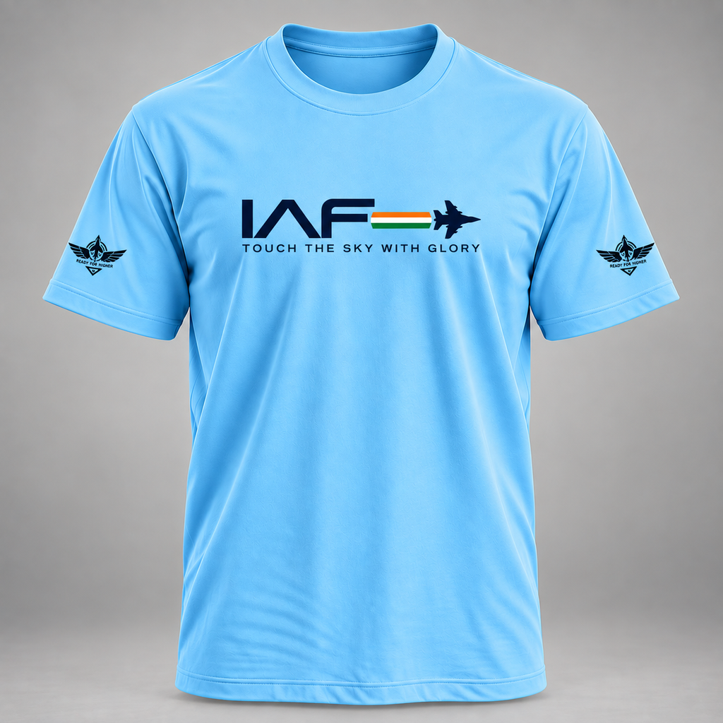 Sky-blue airforce-inspired T-shirt front view with IAF jet and tricolor chest graphic, winged sleeve prints and "Touch the Sky with Glory" slogan.