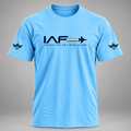 Sky-blue airforce-inspired T-shirt front view with IAF jet and tricolor chest graphic, winged sleeve prints and "Touch the Sky with Glory" slogan.