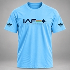 Sky-blue airforce-inspired T-shirt front view with IAF jet and tricolor chest graphic, winged sleeve prints and "Touch the Sky with Glory" slogan.