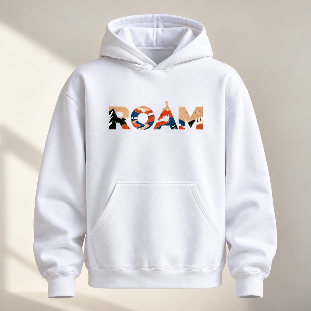 White ROAM travel graphic pullover hoodie front view with scenic landscape lettering, hood and kangaroo pocket.