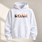 White ROAM travel graphic pullover hoodie front view with scenic landscape lettering, hood and kangaroo pocket.