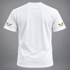 Back view of white India Pride graphic T-shirt, with Honour and Courage tricolor sleeve prints.