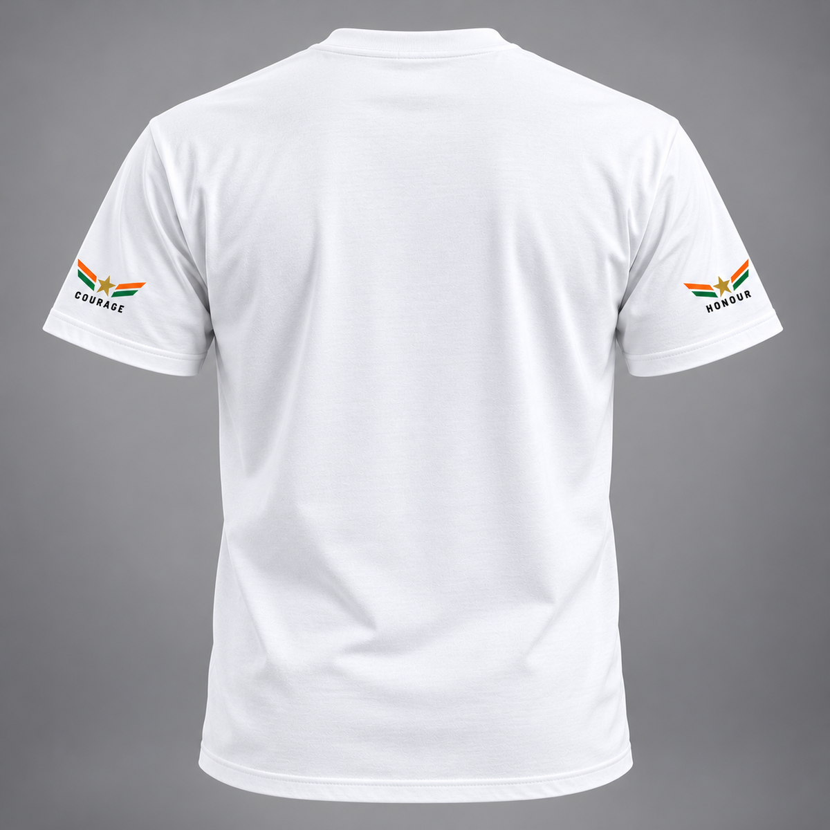Back view of white India Pride graphic T-shirt, with Honour and Courage tricolor sleeve prints.
