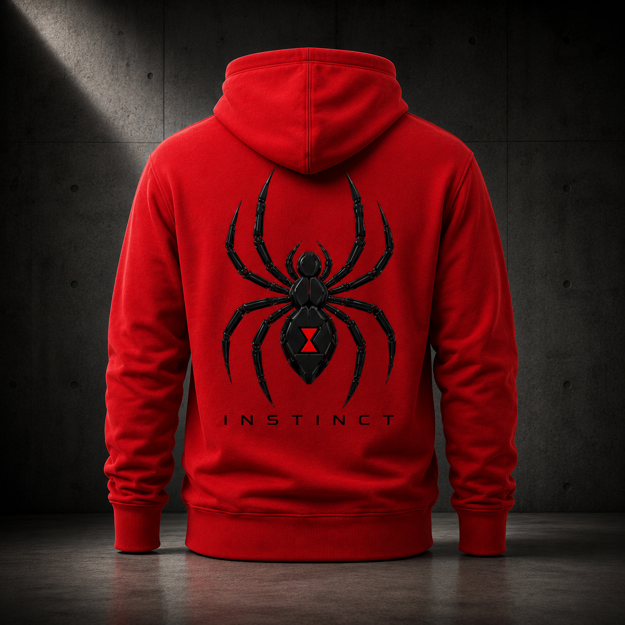 A red pullover hoodie shown from the back, featuring a large black spider graphic with a red hourglass emblem in the center and the word 'INSTINCT' printed below. The hoodie is displayed against a dark, textured studio background.
