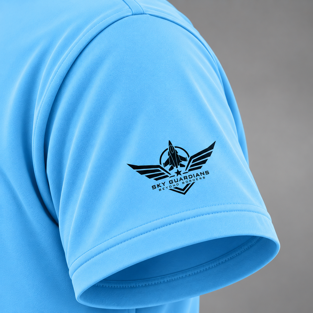 Sky-blue airforce-inspired T-shirt sleeve close-up with black Sky Guardians jet and wing emblem.
