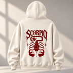 Back view of off-white Scorpio hoodie with large burgundy SCORPIO lettering above a detailed scorpion illustration.