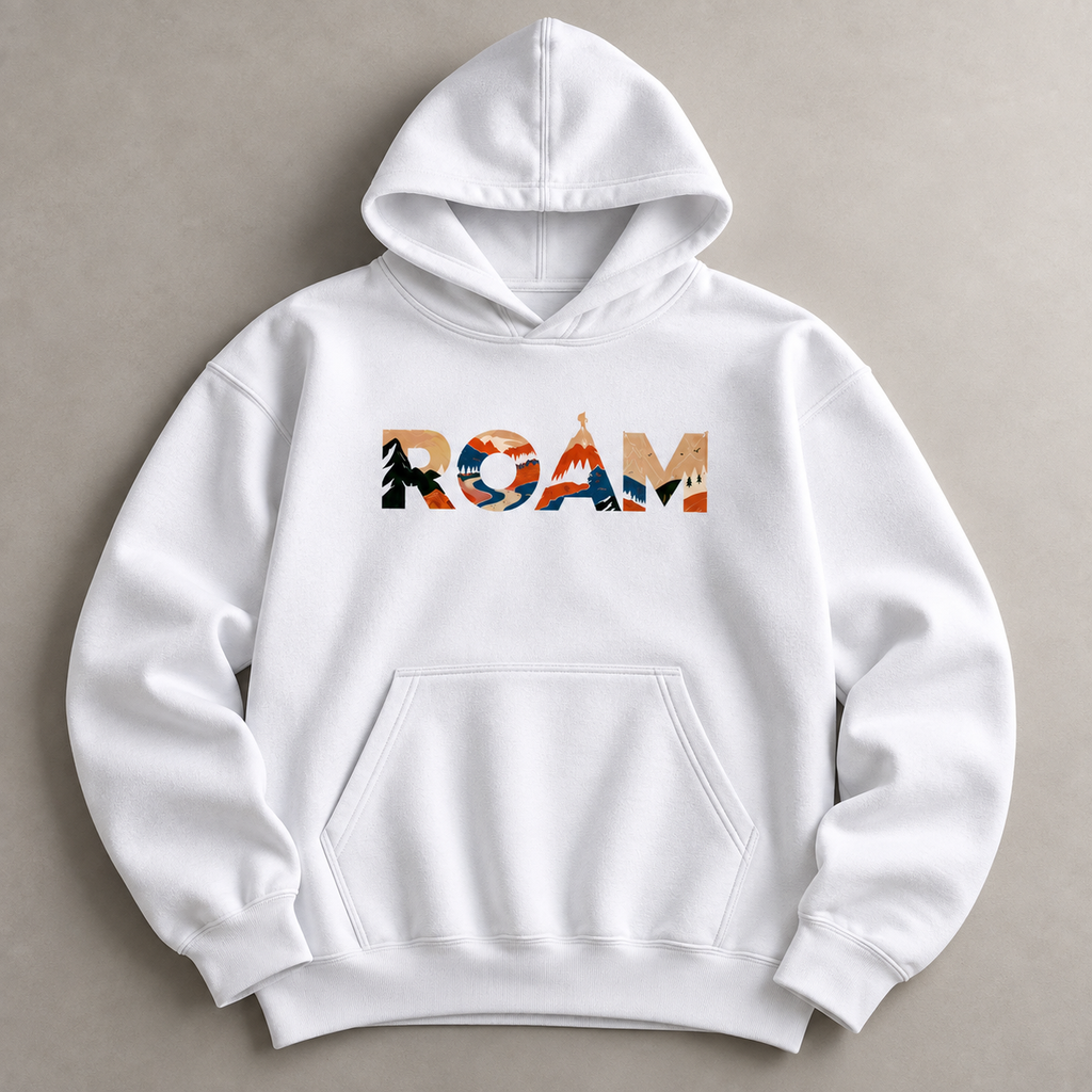 White ROAM graphic hoodie laid flat, showing colorful mountains, trees and outdoor scenes in the chest lettering.