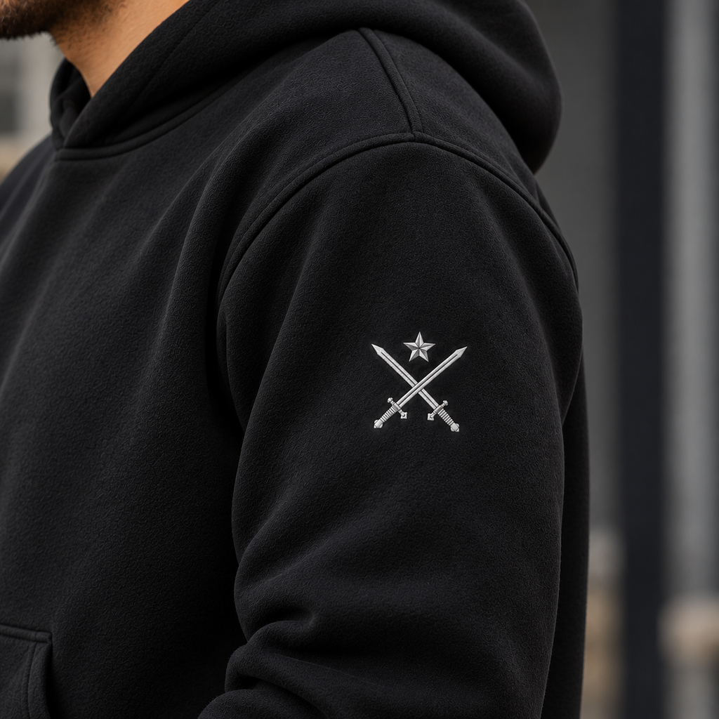 Black Army hoodie sleeve close-up showing the white crossed-swords and star emblem.