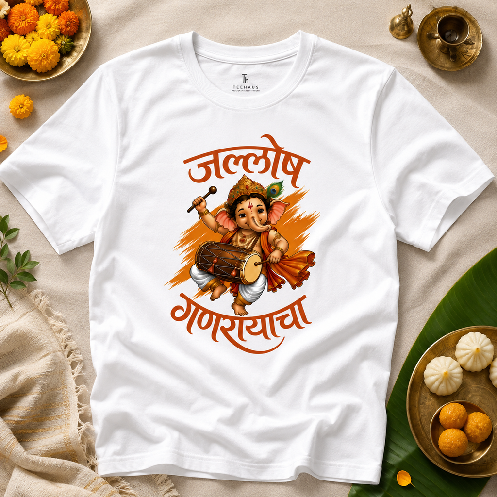 Jallosh Ganarayacha Marathi T-Shirt | Ganesh Chaturthi Graphic Tee | Ganpati Bappa Shirt | Premium Festival T-Shirt by TeeHaus