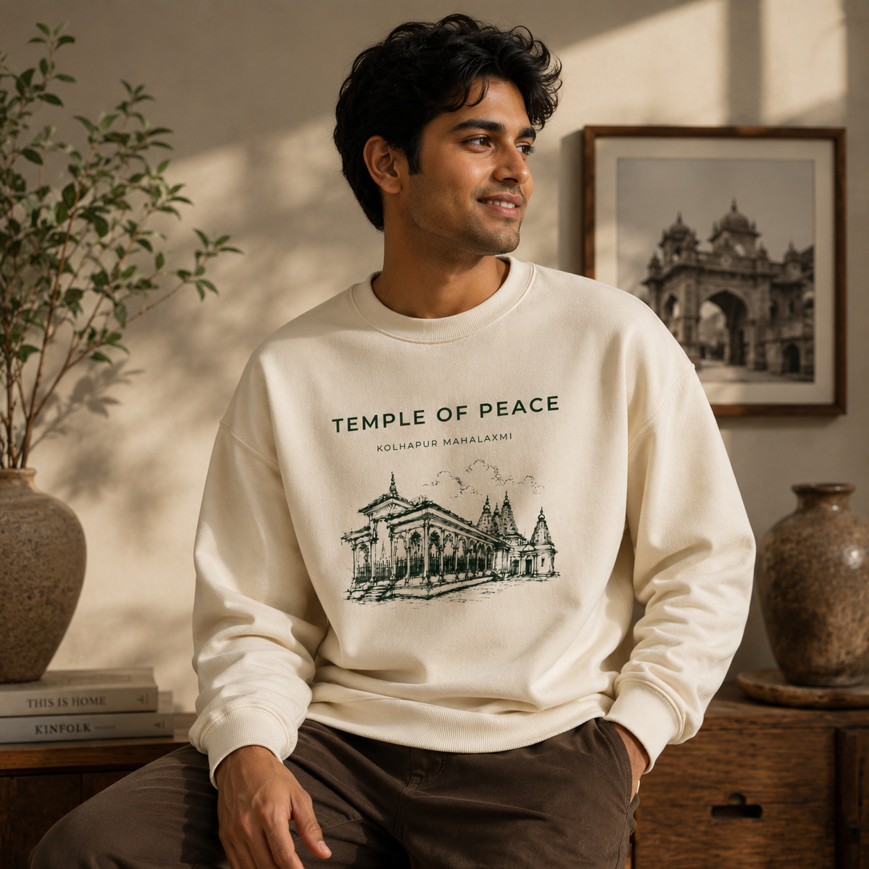 Temple of Peace – Kolhapur Mahalaxmi Premium 320 GSM Sweatshirt | Cream