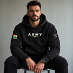 Model wearing a black Army pullover hoodie with tricolor chest print, Indian flag sleeve patch and crossed-swords detail.