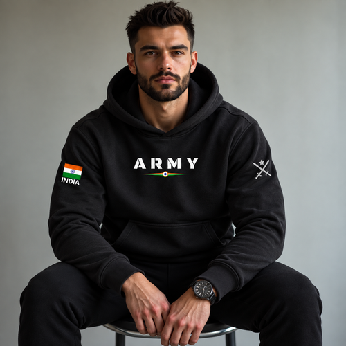 Model wearing a black Army pullover hoodie with tricolor chest print, Indian flag sleeve patch and crossed-swords detail.