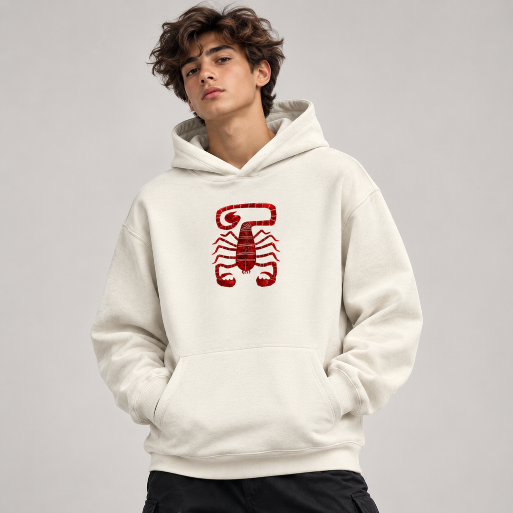 Model wearing off-white Scorpio pullover hoodie with burgundy scorpion chest print and front pouch pocket.