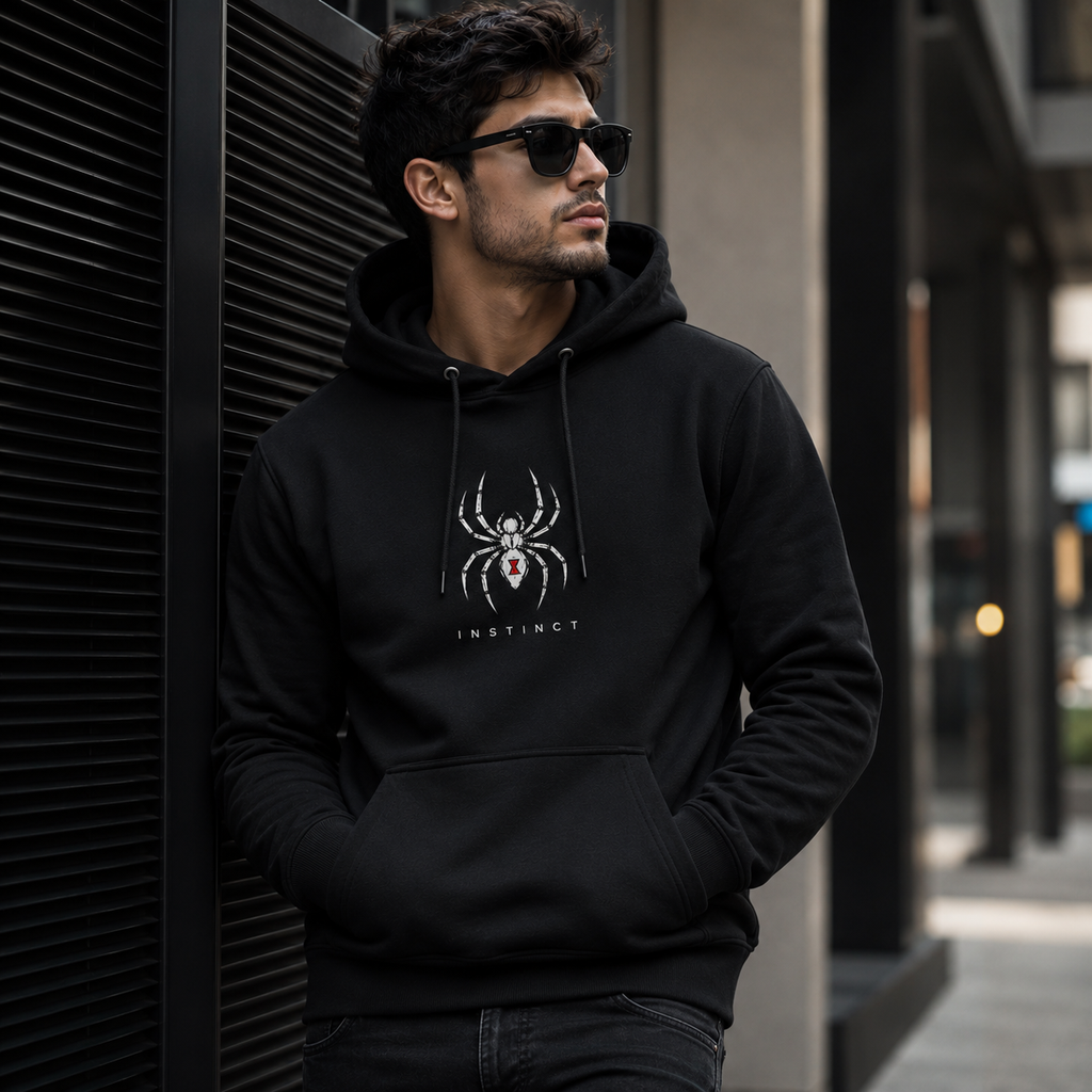 A man wearing a black pullover hoodie with a white spider graphic and the word 'INSTINCT' on the chest, standing outdoors against a dark modern building wall.