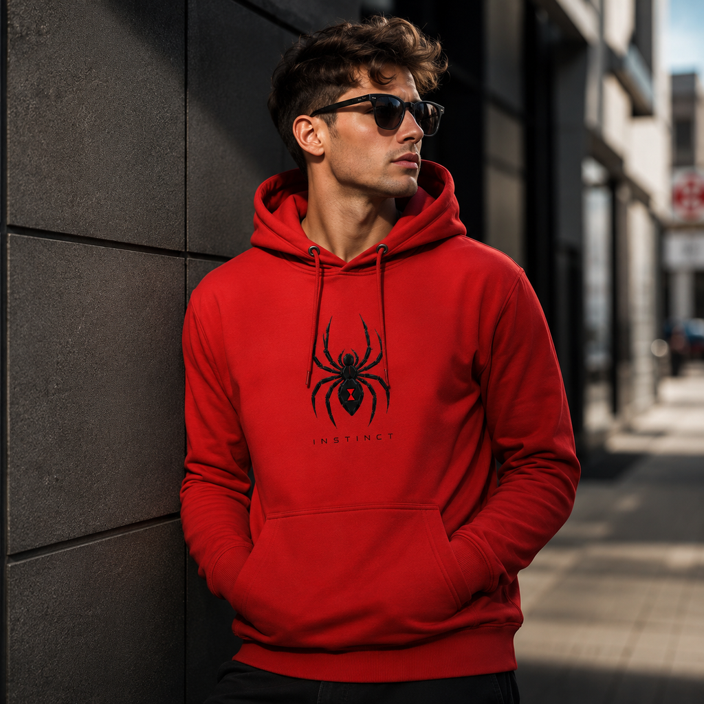 A man wearing a bright red pullover hoodie with a black spider graphic and the word 'INSTINCT' on the chest, standing outdoors against a dark gray building wall.