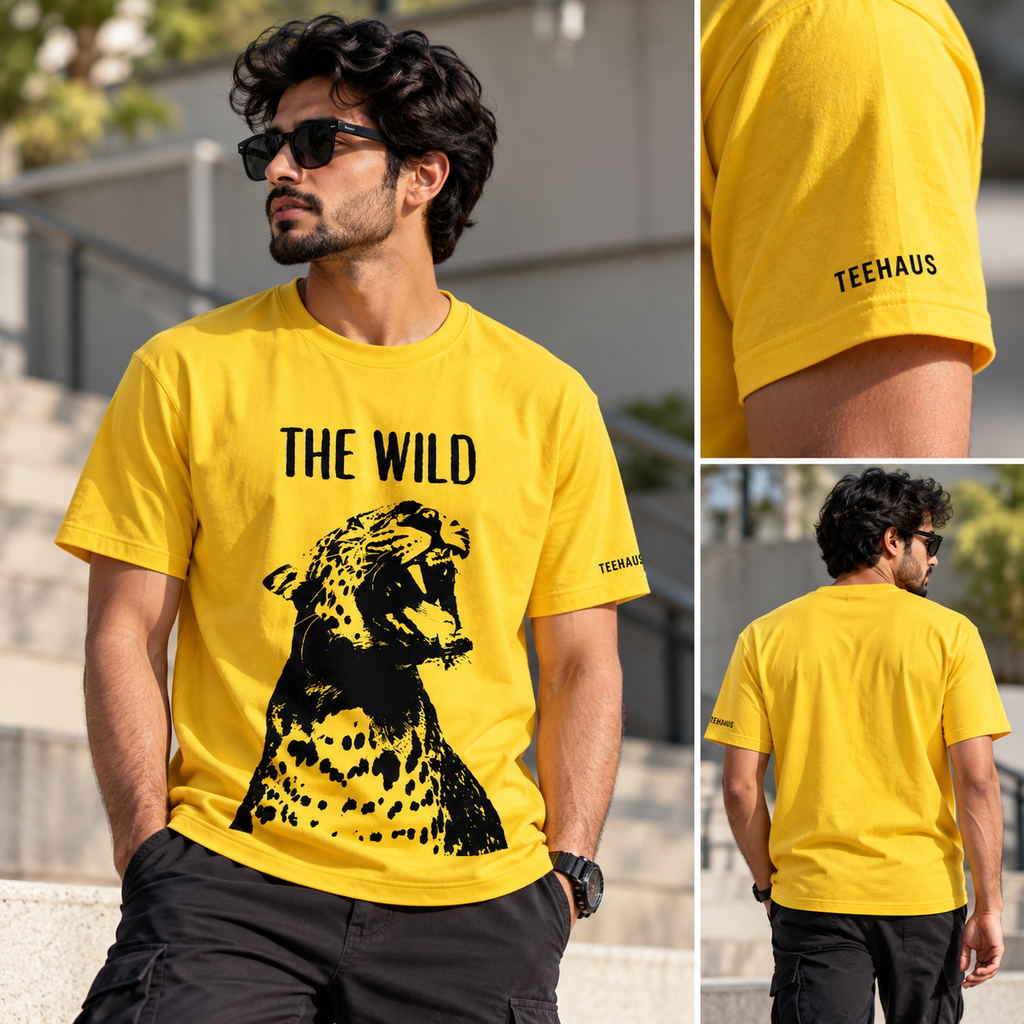 The Wild Yellow Graphic T-Shirt for Men | Roaring Leopard Print Cotton Tee