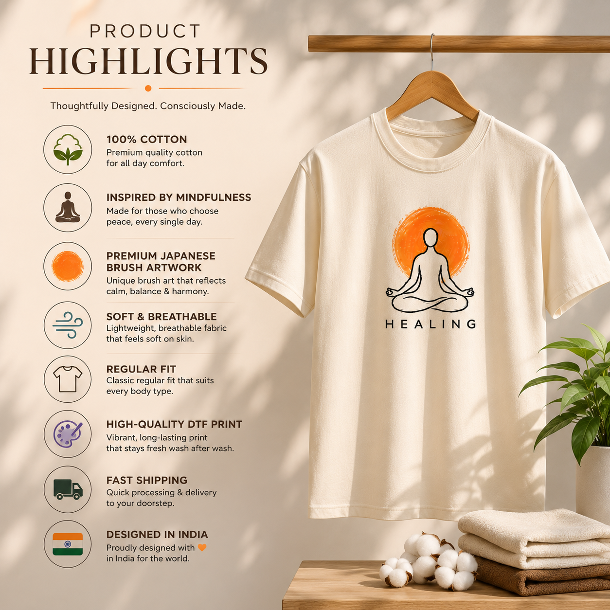 Healing | Premium Yoga & Meditation Graphic T-Shirt | Regular Fit | 100% Cotton | Unisex