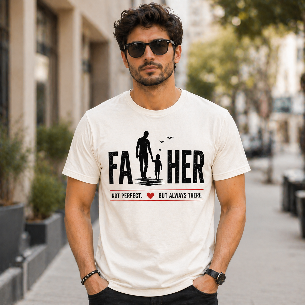 Man wearing a white t-shirt with 'FATHER' text and graphic, standing on a street.