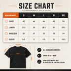 A size chart graphic for a short-sleeve t-shirt showing measurements in inches for sizes S through XXL in a table, with a black t-shirt illustration and labeled chest, sleeve, shoulder, and length dimensions below.