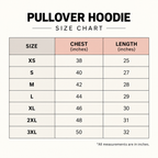 Pullover hoodie size chart in inches: XS chest 38 length 25; S 40/27; M 42/28; L 44/29; XL 46/30; 2XL 48/31; 3XL 50/32.