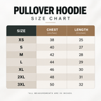 Pullover hoodie size chart in inches: XS 38/25, S 40/27, M 42/28, L 44/29, XL 46/30, 2XL 48/31, 3XL 50/32 (chest/length).